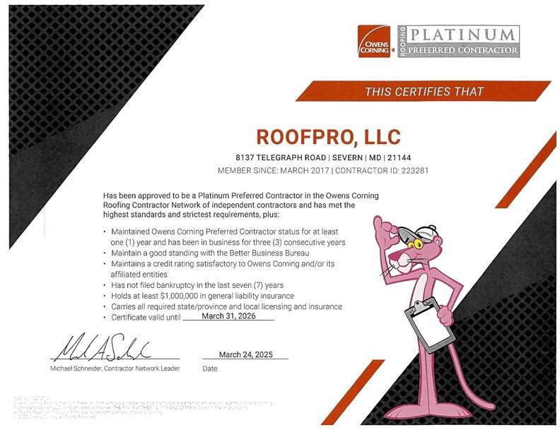 roofpro certification owens corning platinum preferred